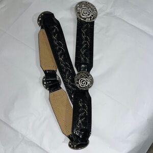 Brighton black leather braided belt, silver floral rhinestone hardware.
